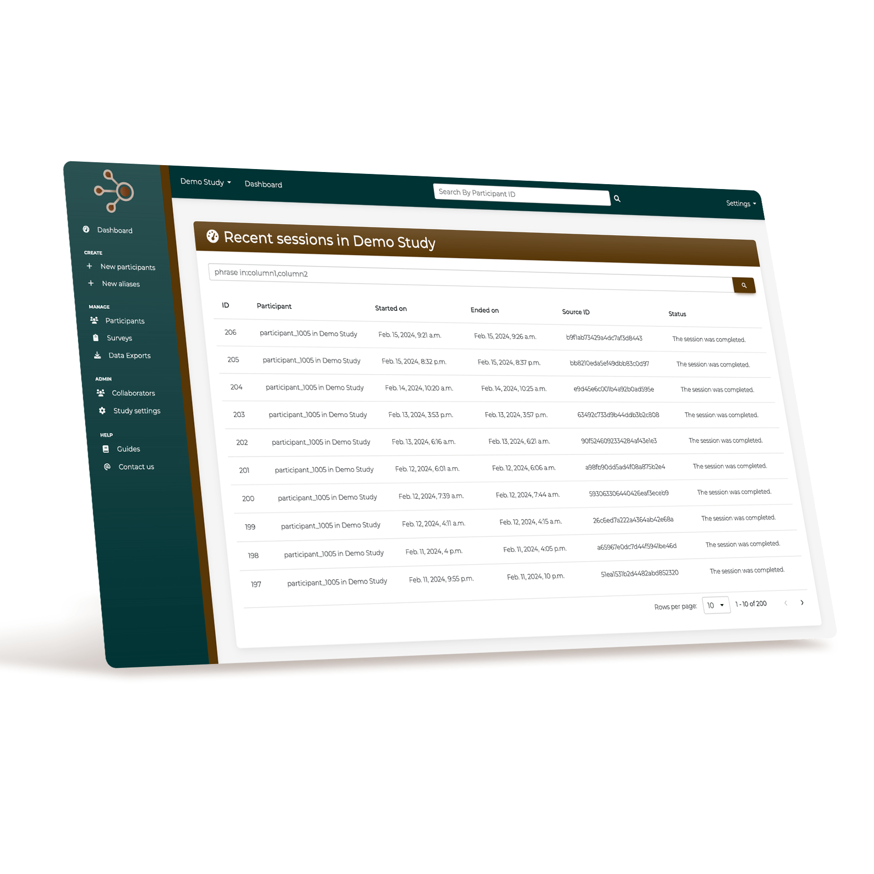 A digital mockup of a page within the DataSync platform that keeps a log of sessions within a given study.